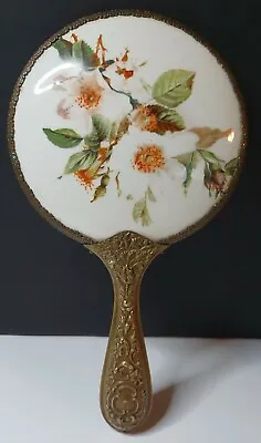 Antique Porcelain Floral Back Hand Mirror Embossed Brass Rococo Handle  • $49.99