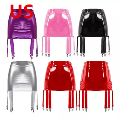 US Women Mini Skirt High Waist Latex Garter With 6 Straps Metal Clip Holder Belt • $13.05