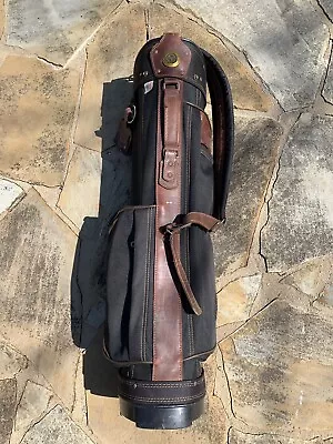 VINTAGE HOT-Z Cart Golf Bag BROWN Leather & Black Canvas Golfing Used • $60