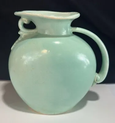 Antique 7  Brush McCoy Pottery Pastel Turquoise Pitcher Urn Art Deco #602 Rare • $49.99