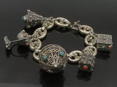 925 Silver - Vintage Coral & Carnelian Ornate Etruscan Revival Bracelet - BT9195 • $255.11