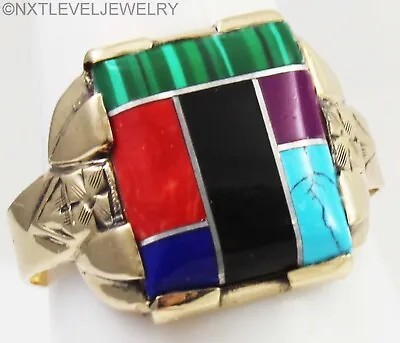 Vintage 1950's Southwestern RARE Multi Gemstone Inlay 10k Solid Gold Men's Ring • $591.50