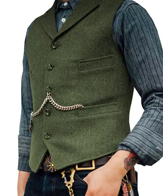 Men Tweed Vest Vintage Cowboy Wool Waistcoat Herringbone Wedding Hunting XS-3XL • $25.19