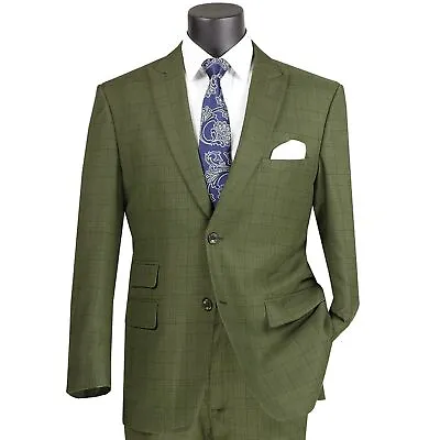 VINCI Men's Olive 2 Button Glen Plaid Modern Fit Business Suit NEW • $105