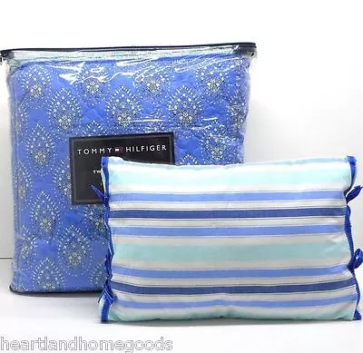 TOMMY HILFIGER FLORAL TWIN COMFORTER 3pc SET PILLOW Melrose BLUE AQUA WHITE NEW • $97