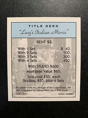 Monopoly I LOVE LUCY Lucy's Italian Move TITLE DEED CARD Game Replacement Piece • $1.59