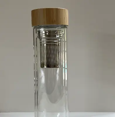 Insulated Glass Tea Tumbler Infuser Stainless Double Filter Leakproof Bamboo Lid • $29.79