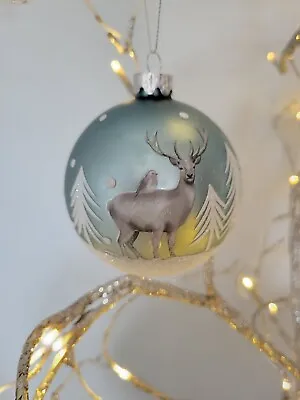 £4.95 • Buy *sale* Gisela Graham Matt Pale Blue Glass Ball With Stag Christmas Decoration