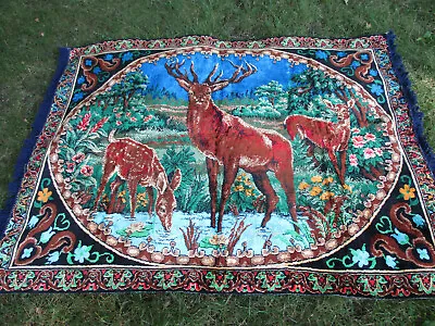 Vtg Red Stag ELK Deer W/Fawns Wall Floor Tapestry Lrg 48x68” W/ Fringe • $60