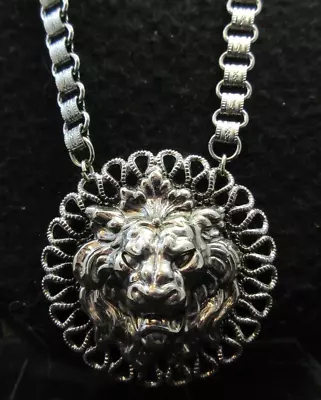 Vintage Fixed 2  Lion's Head Pendant Book Chain Necklace Silver Tone 28.5  Long • $39.99