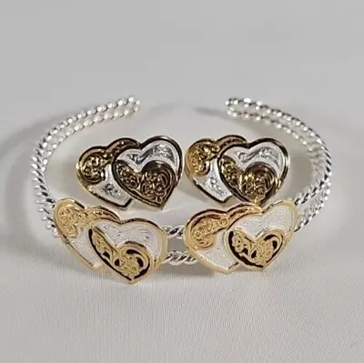 Montana Silversmiths Hearts Gold Tone Sterling Plate Bracelet Earring Set Vtg • $45.97