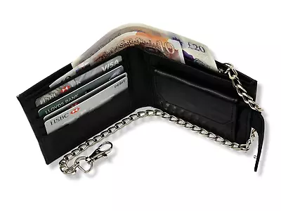 £7.95 • Buy Black Real Leather Biker Mans Wallet Safety Metal Chain Rider Purse Wallet Men