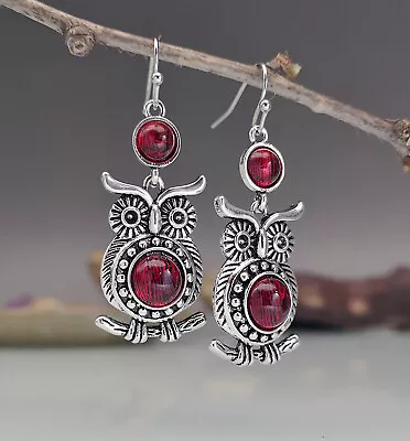 Vintage Owl Design Synthetic Gems Inlaid Dangle Earrings Bohemian Party Jewelry • $2.05