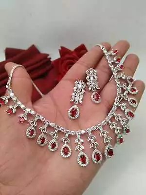 Indian Silver Plated Set Earrings Bridal Jewelry Bollywood Ethnic AD Necklace • $28.99