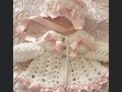 Romany Hand Crochet Bonnet And Cardigan Babies Newborn With Lace And Ribbon • £21