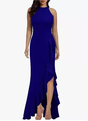 Woosea Womens XL Dress High Neck Sleeveless Maxi Formal High Slit Ruffles Blue • $29.99