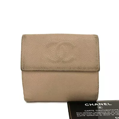 CHANEL CC Logo Beige Caviar Skin Bifold Wallet/1Y0196 • £0.80