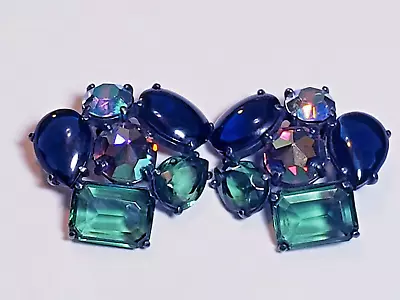 Vintage Schiaparelli Gunmetal Blue And Green Rhinestone Cluster Clip-on Earrings • $10.50