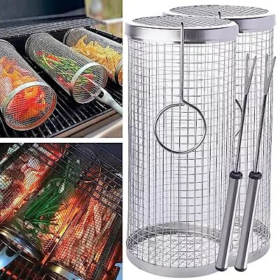 2PCs Rolling Grilling Basket Round Grill Rack Stainless Steel BBQ Grill Mesh ... • $36.79