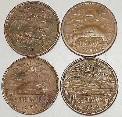 Lot  C  Set Of 4 Estados Unidos 20 Centavos Bronze Mexican Coins 1944-67 Vintage • $12.99