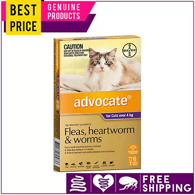 ADVOCATE Over 4 Kg PURPLE 6 Doses For Cats Flea Heartworm Treatment • $84.95