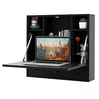 Wall-mounted Desk Home Office Floating Computer Workstation With Shelves • £54.95