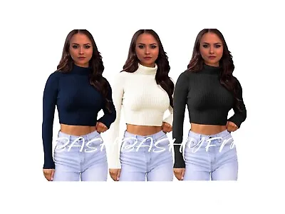 Polo Turtle Neck Jumper Women's Roll Ribbed Knitted Crop Top Long Sleeve T Shirt • £11.95