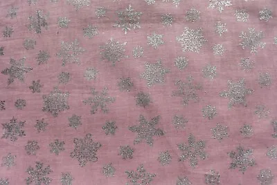 Silver Metallic Snowflake  Print On Pink  100% Cotton Fabric  45x45 Inches • $6.95