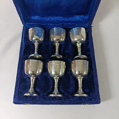 Set Of Six Miniature Goblets In Presentation Case Engraved Pattern White Metal • £15