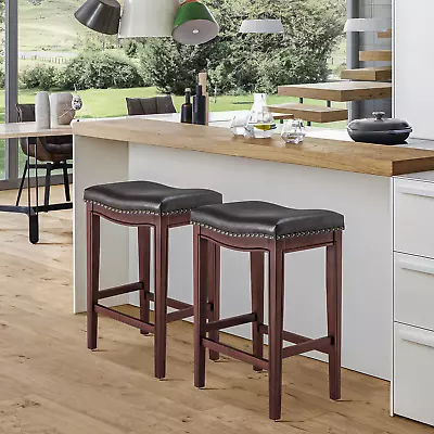 Vintage Bar Stools Set Of 2 Leather Counter Height Bar Stools Kitchen Pub Chairs • $159.99