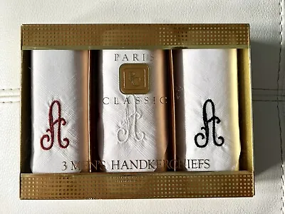 VTG NOS Paris Classic PC Mens Monogram “A” Set/3 Handkerchiefs 1960’s SHIPS FREE • $16.95