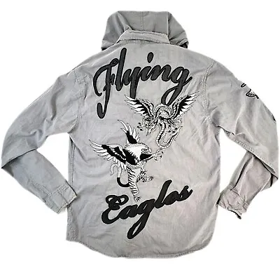 Ed Hardy Flying Eagles Button Up Long Sleeve Hoodie Shirt Mens Size M Tattoo Art • $45