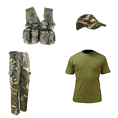 Kids Pack C Army Outdoor Dress Up T-shirt Trousers Cap Vest DPM & HMTC Camo • $93.45