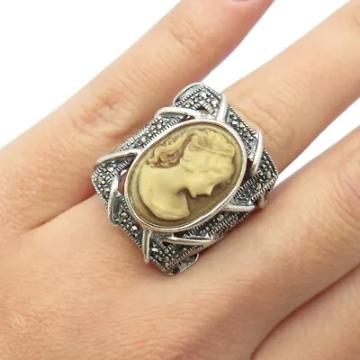 925 Sterling Silver Vintage Real Marcasite Gem Cameo Woman Ring Size 6.25 • $89.95