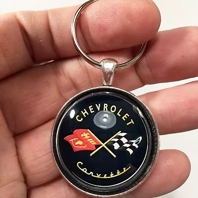 Old School Vintage Chevrolet Corvette Racing Flags Logo Emblem Keychain • $12.95