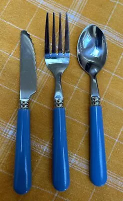 Vtg Pottery Barn Kids Utensils Blue Knife Fork Spoon Stainless Child Two Sets A+ • $12