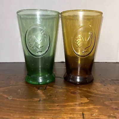 Set Of 2 Amber/Green  Pressed Glass Drink Glasses With Embossed Rooster • $17