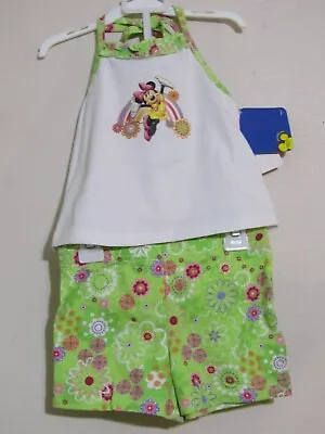 Disney Girls 18m  Minnie Mouse  2pc White Halter Top/green Floral Shorts Nwt • $10