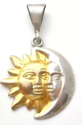 Sun Moon Pendant Sterling Silver & Gold Two Tone Slide Mexican Celestial Jewelry • £32.79