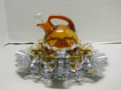 Farber Bros Krome Kraft Amber Cocktail Pitcher Decanter 6 Glasses Serving Tray  • $119.96