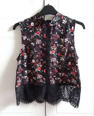 Miss Selfridge Black Floral Sleeveless Lace Hem Top Size 10 • £1.25