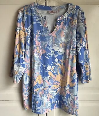 Quacker Factory Top Womens XL Floral Watercolor Bling Neckline 3/4 Sleeve New • $39.88