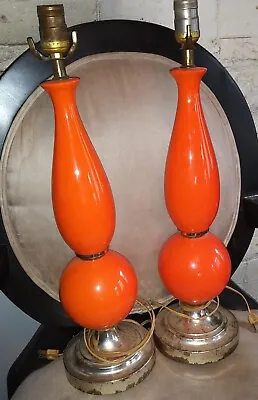 Pair Of MCM Ceramic Lamps Bright Orange • $150