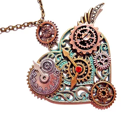 $11.99 • Buy STEAMPUNK FILIGREE HEART PENDANT Clockwork Gears Necklace Bronze Patina Green 6Y