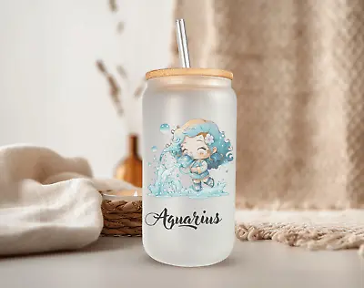 AQUARIUS Zodiac Sign Frosted Glass Can With Bamboo Lid 16 Oz Glass Cup By Mugzan • $17.99