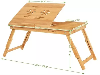 Bamboo Desk Serving Bed Tray Breakfast Table Tilting Top With Drawer • £4.73