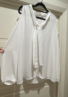 $14 • Buy New Semi Sheer White Secretary Silk Like Crepe Tie Neck Bow Work Blouse Size L