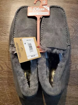 Mens Dluxe Dearfoams Genuine Shearling Moccasin Slippers US Gray Grey Size 12 11 • $16.89