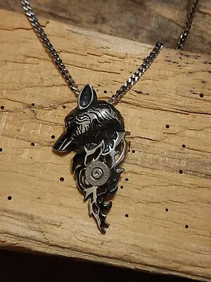 3D Stainless Steel Wolf Bullet Necklace With 9mm Bullet. Optional Crystal. • $41