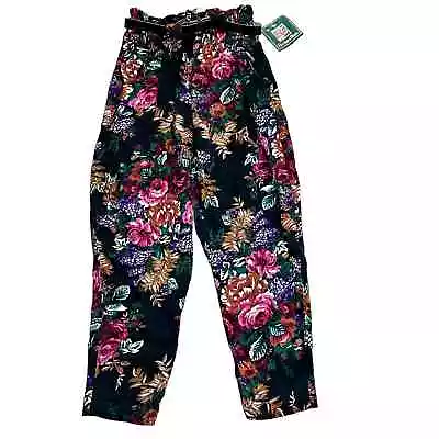 Vintage Dark Floral Pants High Waisted Belted Deadstock NWT Roses Romantic  • $40